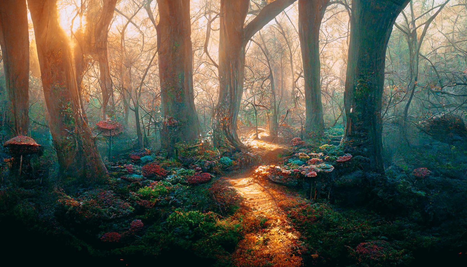 朝日が木々の間から差し込む幻想的な森の風景