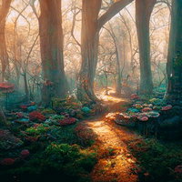 怪しいきのこが生える樹海の朝景 ファンタジー魔女の森の写真