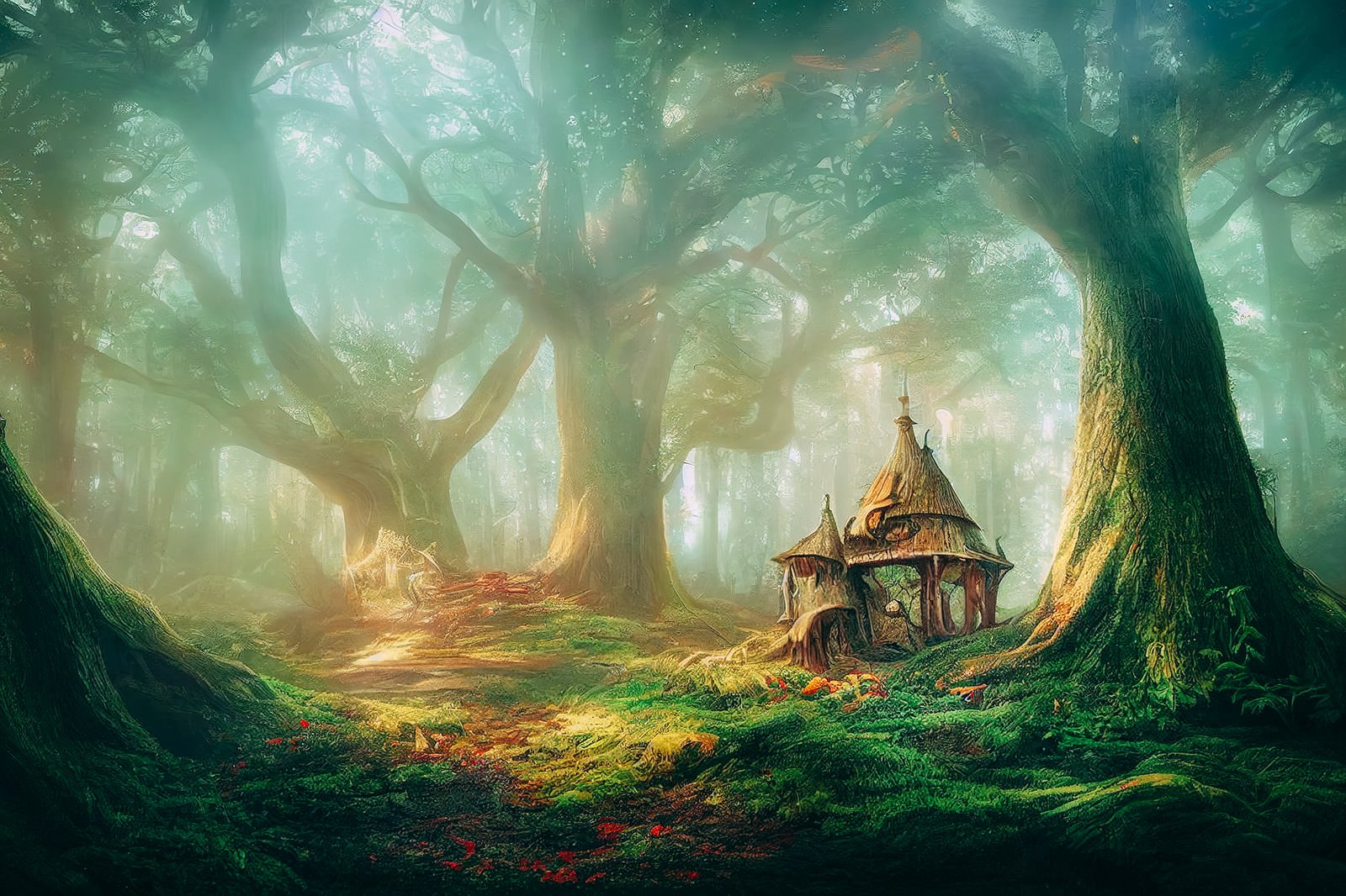 深い森の中に建つ古い小屋が温かな光に照らされている風景