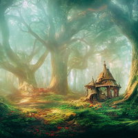 魔女がさまよう樹海の古い小屋～幻想的なファンタジー背景の写真