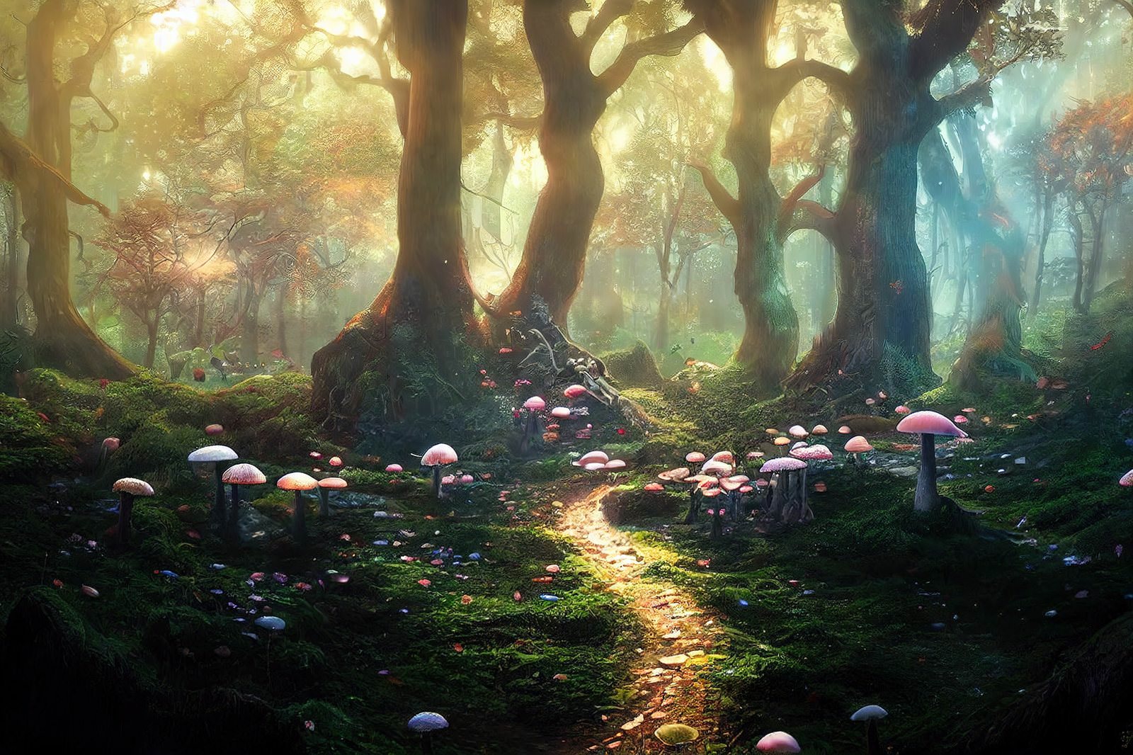 光る小さなきのこが点在する薄暗い樹海に木漏れ日が差し込むファンタジー風景