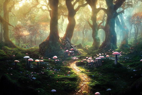 光る毒キノコが生える樹海のマジカルな森林風景