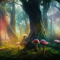 ケミカルきのこが生える樹海の幻想的な森林風景の写真