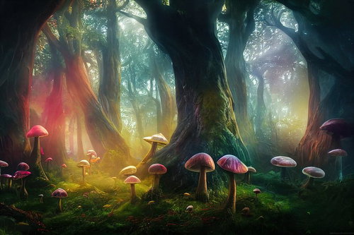 ケミカルきのこが生える樹海の幻想的な森林風景