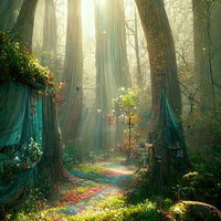 霧の森に差し込む逆光の小道の写真