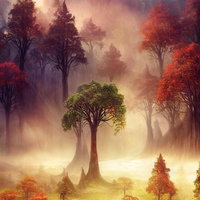 朝霧の森を貫く光線、ファンタジー風の幻想的な森林風景の写真