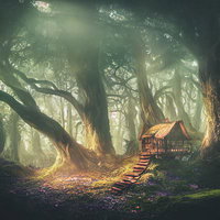 巨樹に囲まれた深い森の中の小さな木造小屋の写真