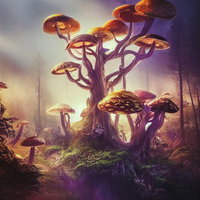 きのこが生える巨樹のファンタジー森の写真