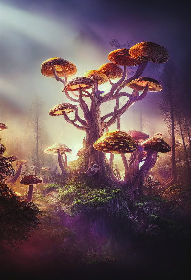 きのこが生える巨樹が立つ霧の森