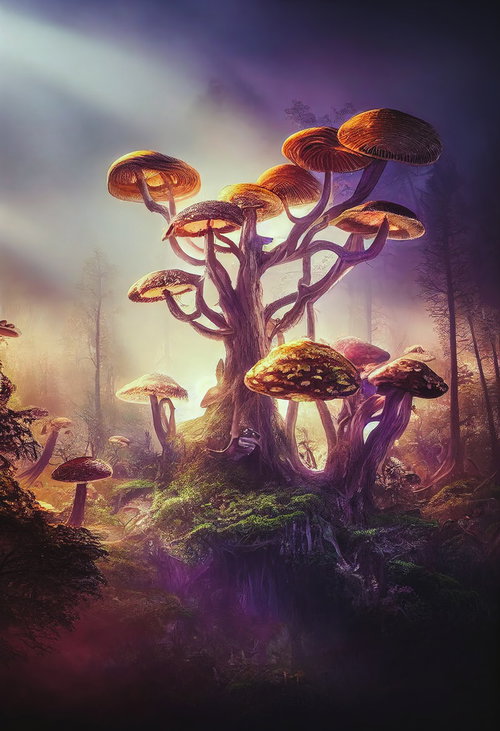 きのこが生える巨樹のファンタジー森