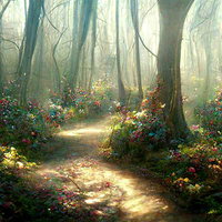 木漏れ日の森の小道（ファンタジー風の樹海と光の表現）の写真