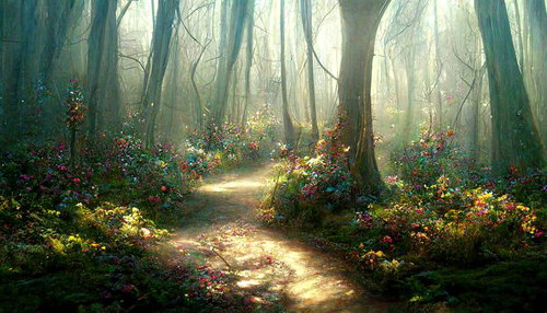 木漏れ日の森の小道（ファンタジー風の樹海と光の表現）