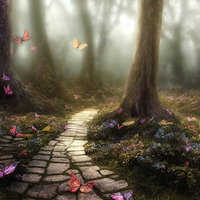 蝶が飛び交う不思議な森の石畳の道を照らす光芒の写真
