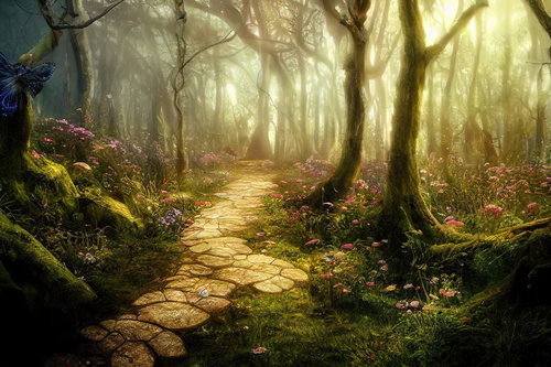 朝霧けむる森の石畳の散歩道