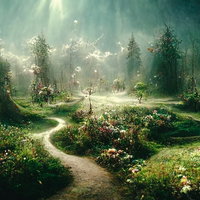 花が咲く木漏れ日の散歩道：緑豊かなファンタジー庭園の小道の写真