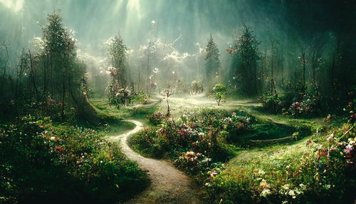 花が咲く木漏れ日の散歩道：緑豊かなファンタジー庭園の小道