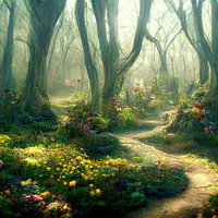 花壇の先に広がるファンタジー風の木々の森の写真