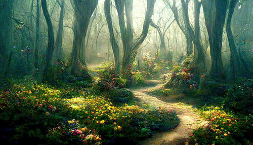 花壇の先に広がるファンタジー風の木々の森