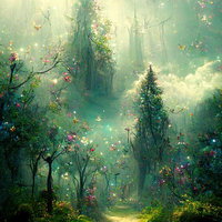 光が差し込むファンタジー樹海へと続く神々しい小径の道の写真