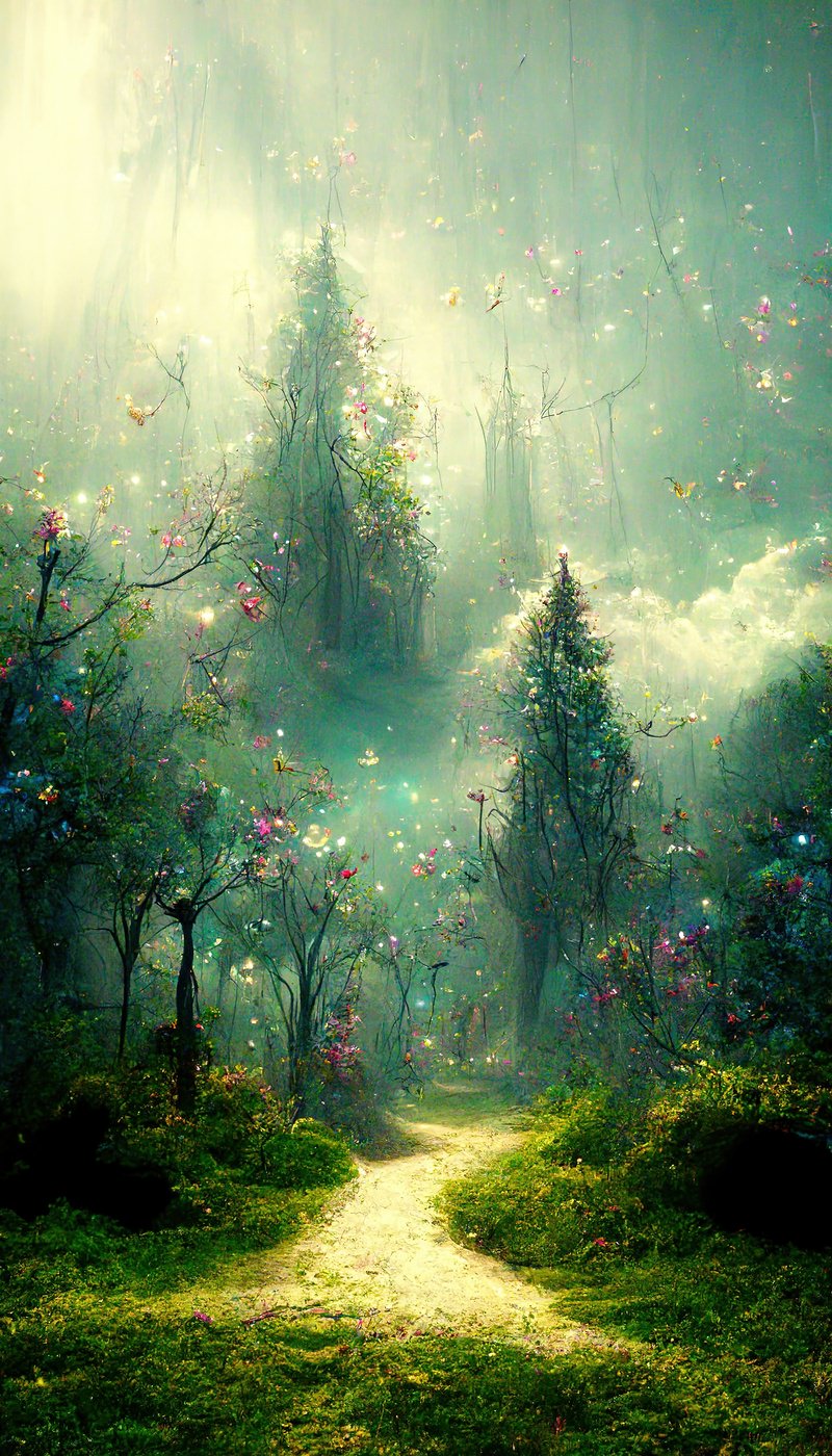 光が差し込む森の中の道を描いたファンタジー風景