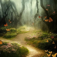 光が射す森の小径で蝶が舞うファンタジー風の散歩道の写真