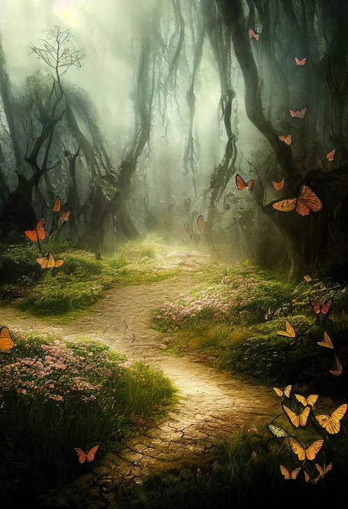 光が射す森の小径で蝶が舞うファンタジー風の散歩道
