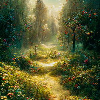 カラフルな花が散りばむファンタジー調の散歩道の写真