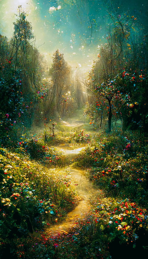 カラフルな花が散りばむファンタジー調の散歩道