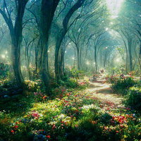 ファンタジー風ガーデンの色とりどりの花が咲く散歩道の写真