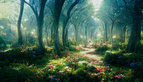 ファンタジー風ガーデンの色とりどりの花が咲く散歩道