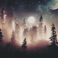 浮かび上がる二つの月と針葉樹のシルエットの写真