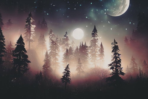 浮かび上がる二つの月と針葉樹のシルエット