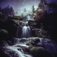 紫色の夜空に浮かぶ三日月と星々に照らされる滝の写真