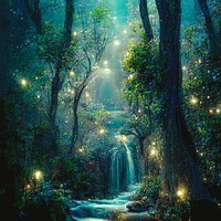 ファンタジー風の深い森で光る蛍たちの写真