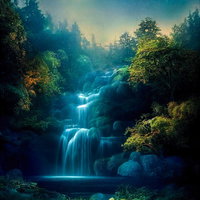 月明りに照らされた森の中の滝とファンタジー風景の写真