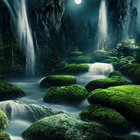 月明かり照らす夜の渓流と苔生す岩肌と森の滝の写真