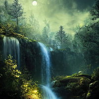 雲に隠れた月明かりが照らす森の中の滝と夜の景観の写真