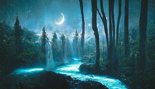 三日月の月明りに照らされた渓流と森の夜間ファンタジー風景