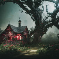 森を守る巨木と魔女の家：薔薇咲く不気味な森の魔法の小屋の写真