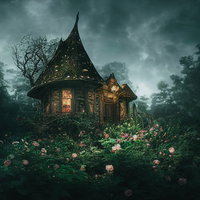 不気味な霧の森に立つ魔女の館の写真