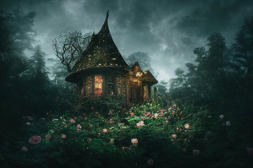 不気味に佇む魔女の館と樹海｜ダークファンタジー背景