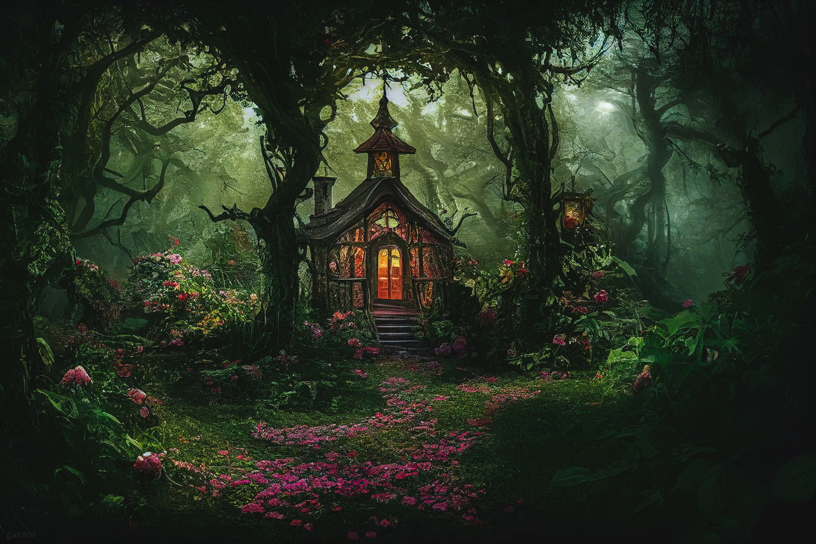 深い森の中に佇む温かい光が灯った小さな小屋