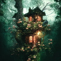 深い森の巨木の上に建つ魔女の小屋と薔薇の魔法の世界の写真