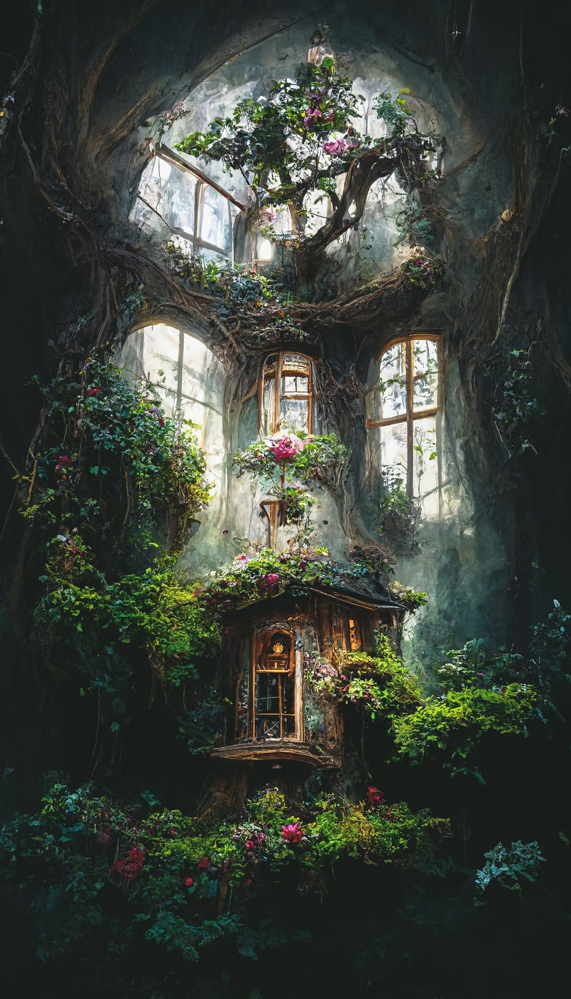 ドーム型聖堂の中央に佇む木造の小屋、周囲は植物に覆われ光が差し込む