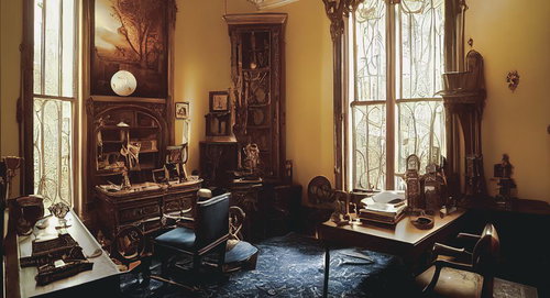 アンティーク調の洋館の書斎 クラシックな木製家具と本棚