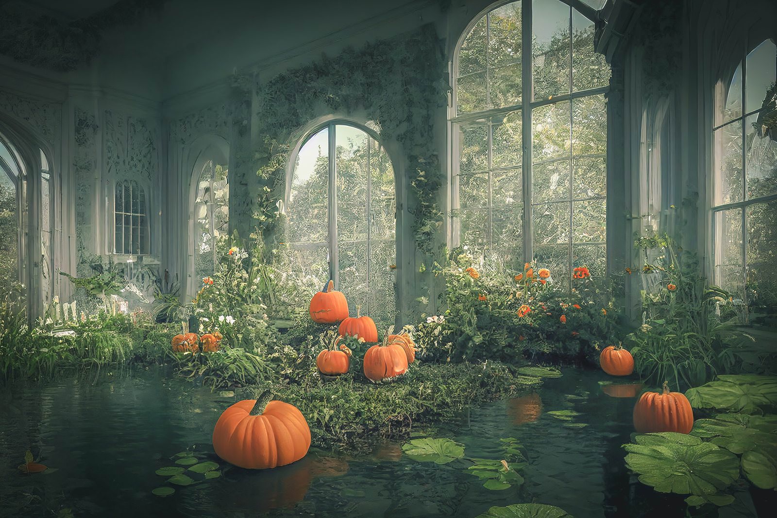 石造りアーチが連なるガラス温室内に散らばるオレンジ色のハロウィンかぼちゃとジャックランタン