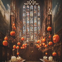 大きなステンドグラスとジャックランタンが並ぶハロウィンの祭壇の写真