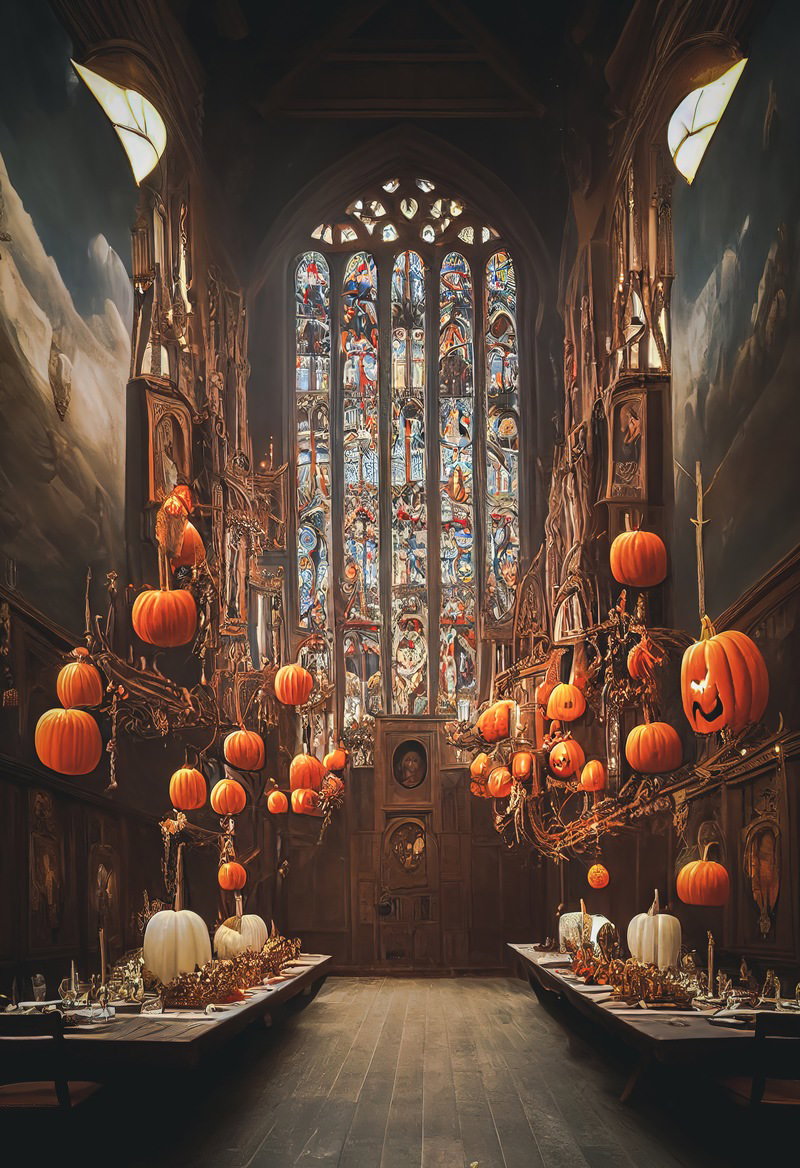 ステンドグラスを背景にジャックランタンが並ぶハロウィンの祭壇