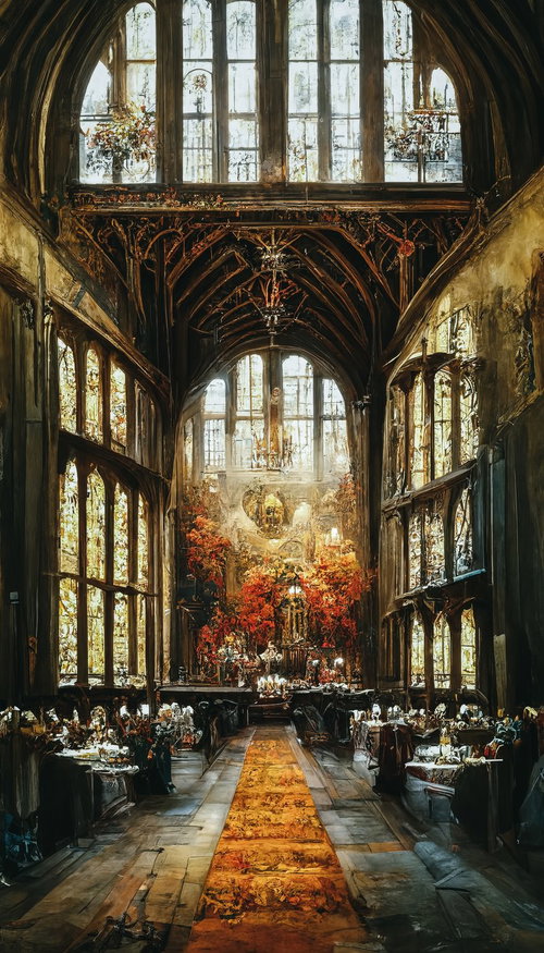 祭壇とステンドグラスがある聖堂の内部空間