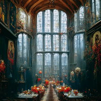 高い天井が印象的な大聖堂風の礼拝堂のステンドグラス窓の写真